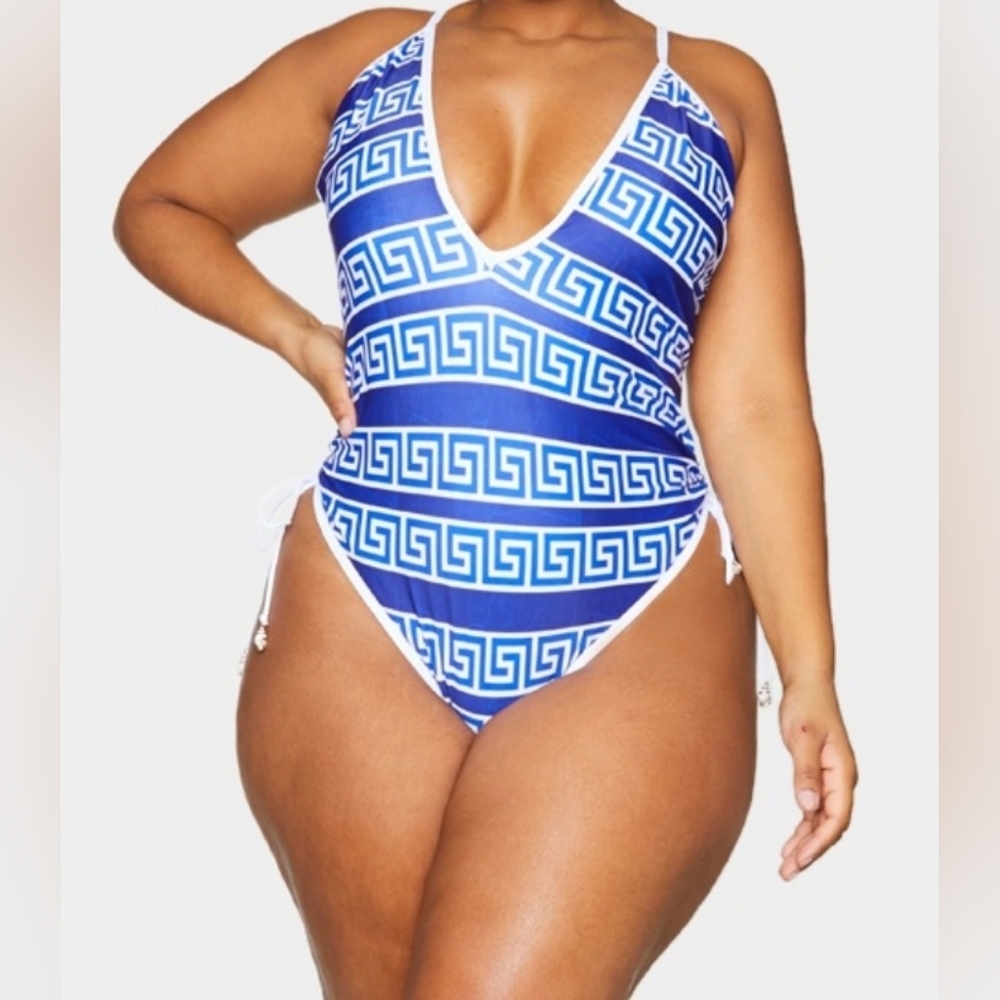 Pretty Little Thing Plus Blue Greek Key Ruched One-Piece Swimsuit- Size 14